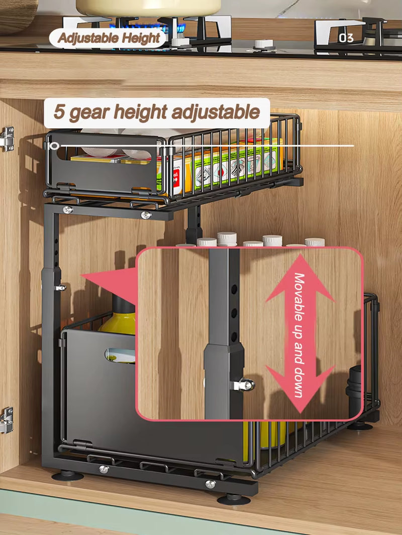 Pull-Out under Sink Organizer, 2-Tier Adjustable Height Sliding Shelf for Kitchen/Bathroom Cabinet Storage, Black & White