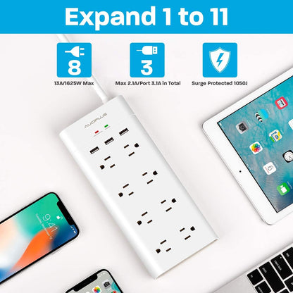 Power Strip with USB,  Surge Protector with 8 Outlets and 3 USB Ports, 6Ft Extension Cord Power Strips Flat Plug