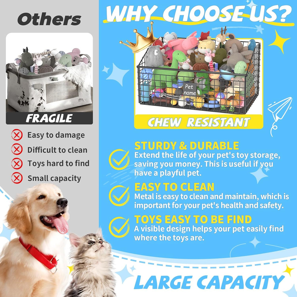 Indestructible Dog Toy Basket, Large Toy Bin for Dogs,Pet Toy Bin Dog Metal Basket Organizer Storage for Toys Food Storage (Black)