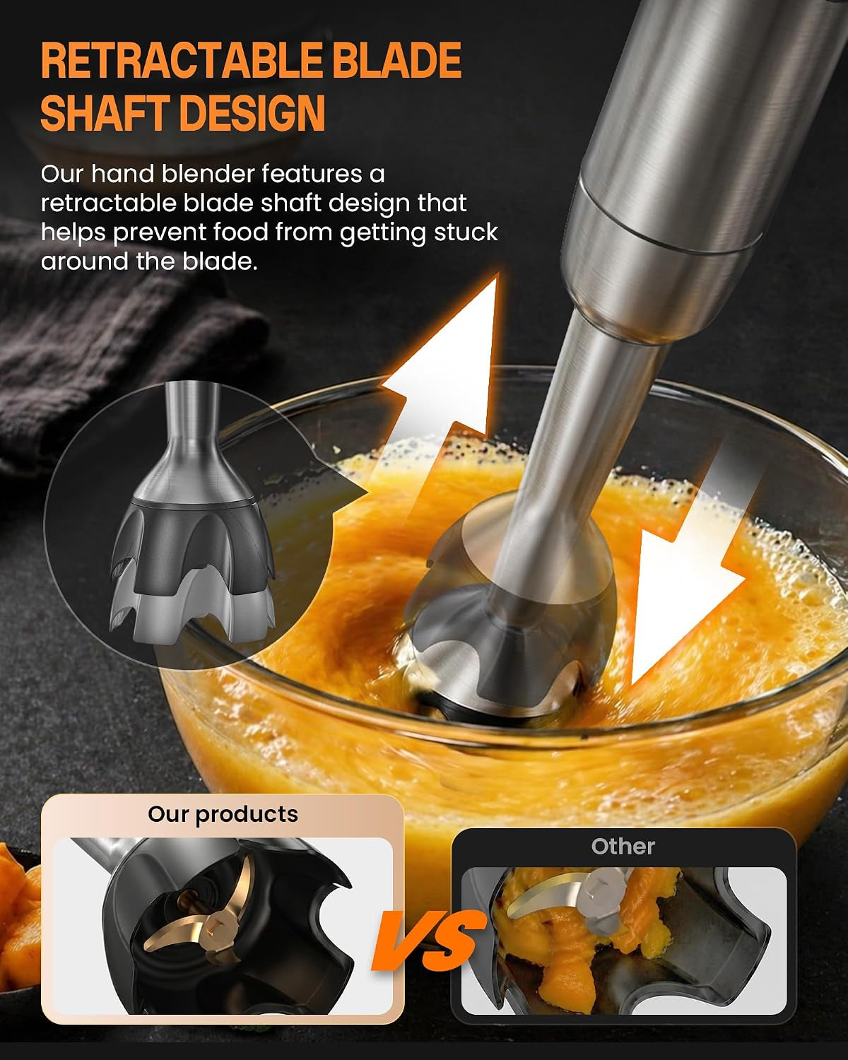 Smart Immersion Blender, Hand Blender with Variable Telescopic Blending Rod & Stepless Speed Control, Powerful Handheld Blender with Smart Overload Protection for Smoothies, Puree, Baby Food