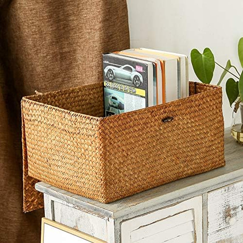 Rectangular Handwoven Seagrass Storage Basket with Lid for Shelves and Home Organizer Bin, (M (12"X7"X6"H), Natural)