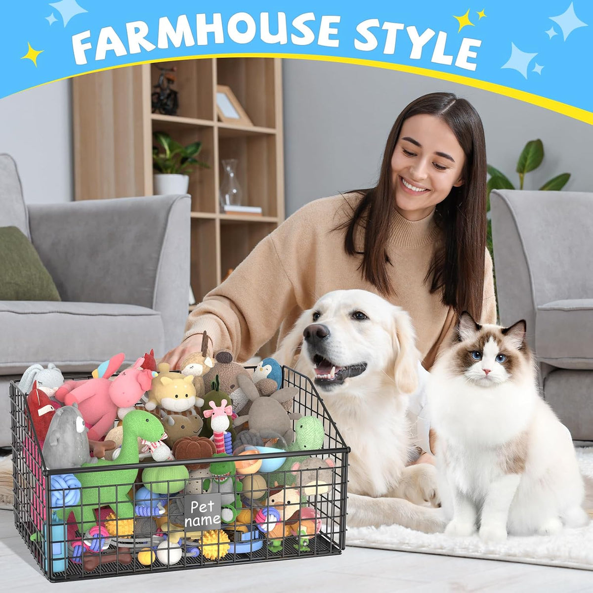 Indestructible Dog Toy Basket, Large Toy Bin for Dogs,Pet Toy Bin Dog Metal Basket Organizer Storage for Toys Food Storage (Black)