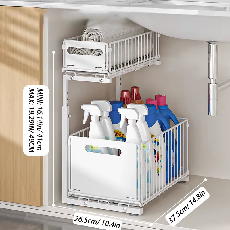 Pull-Out under Sink Organizer, 2-Tier Adjustable Height Sliding Shelf for Kitchen/Bathroom Cabinet Storage, Black & White