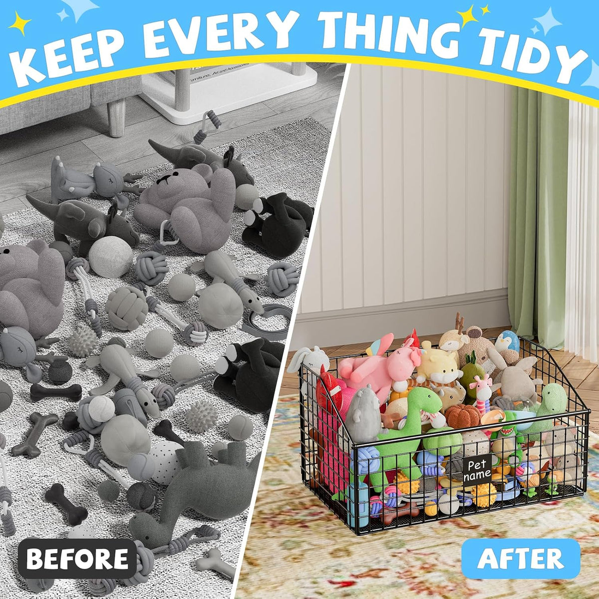 Indestructible Dog Toy Basket, Large Toy Bin for Dogs,Pet Toy Bin Dog Metal Basket Organizer Storage for Toys Food Storage (Black)