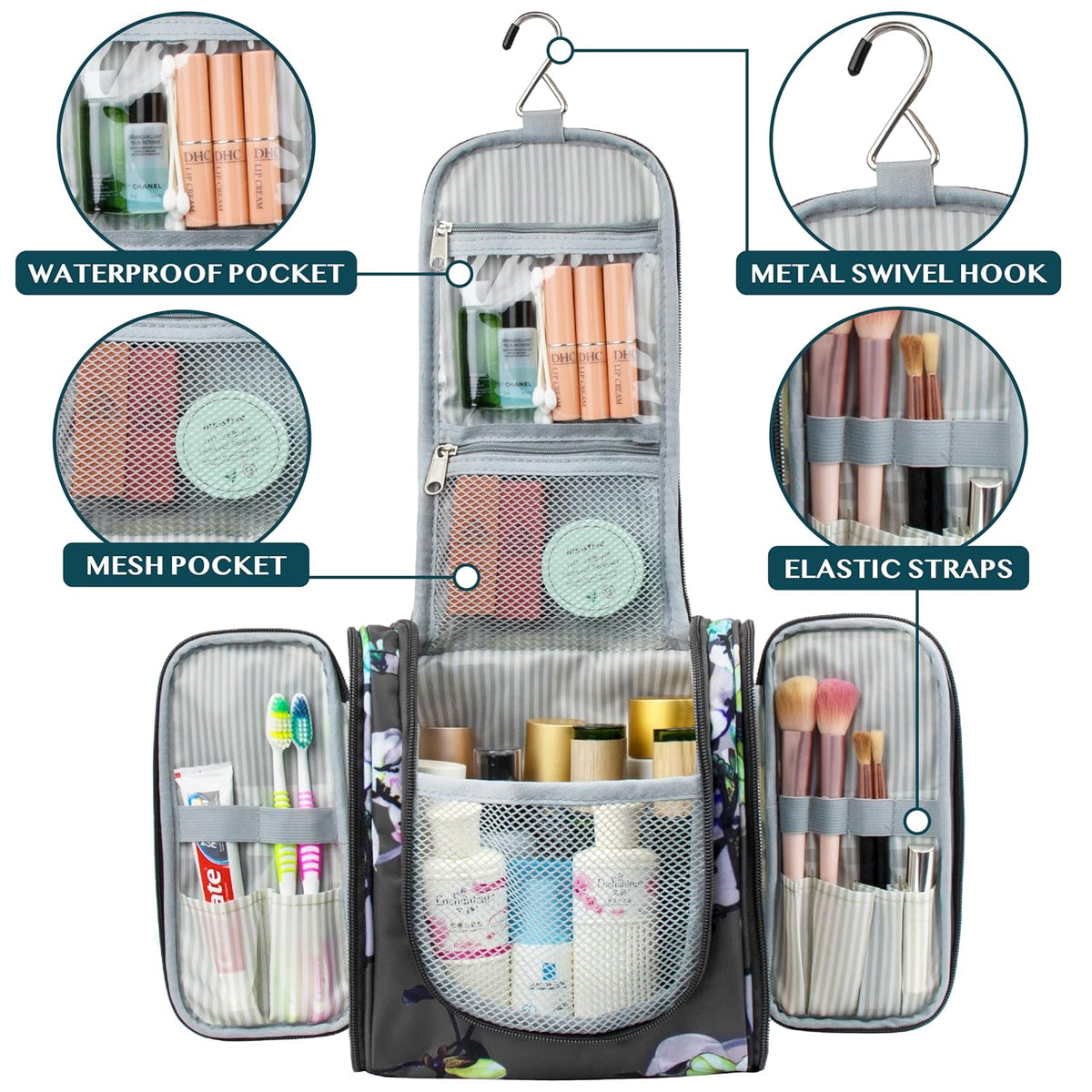 Toiletry Bag Travel Bag for Women Men, Hanging Cosmetic Organizer, Water Resistant Makeup Bag for Accessories Toiletries, Large Travel Essentials Kit (Floral Grey)