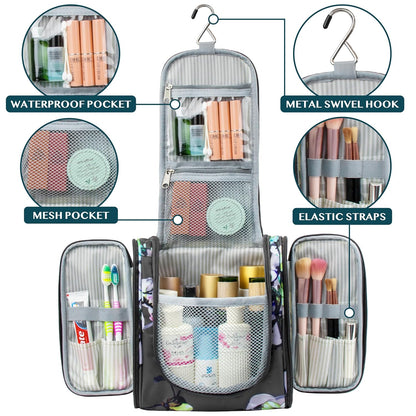 Toiletry Bag Travel Bag for Women Men, Hanging Cosmetic Organizer, Water Resistant Makeup Bag for Accessories Toiletries, Large Travel Essentials Kit (Floral Grey)