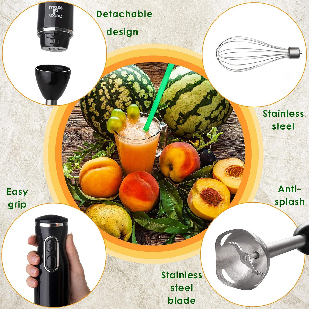 Hand Blender with Egg Whisk, Powerful 300-Watt Stick Blender, Hand Mixer Set Stainless Steel Shaft & Blades, Black Handheld Blender with Ergonomic Handle (Without Chopper)