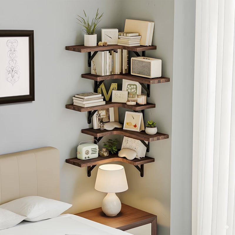 5Pcs Corner Floating Shelves for Wall, Rustic Wood Wall Shelves, 16.1X11.4 Inches, Red Brown