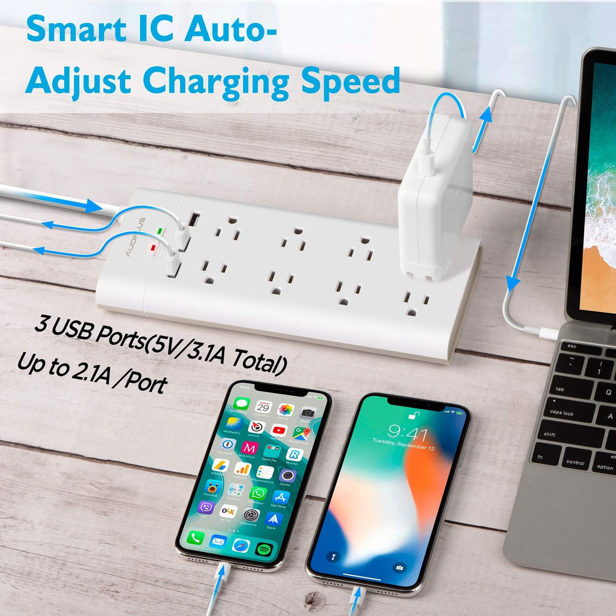 Power Strip with USB,  Surge Protector with 8 Outlets and 3 USB Ports, 6Ft Extension Cord Power Strips Flat Plug