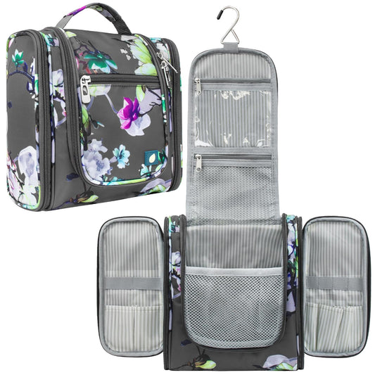 Toiletry Bag Travel Bag for Women Men, Hanging Cosmetic Organizer, Water Resistant Makeup Bag for Accessories Toiletries, Large Travel Essentials Kit (Floral Grey)