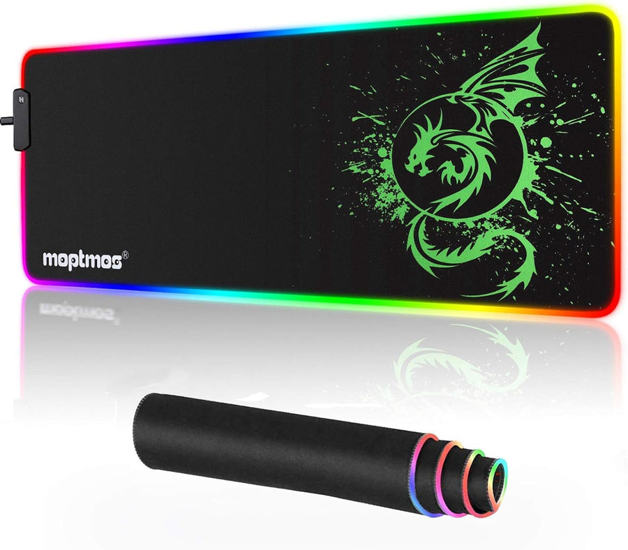 Large RGB Mouse Pad Anime Dragon Mouse Mat LED with 15 Lighting Modes for Gaming 31.5 X 12 Inch (Green) - Avreyla