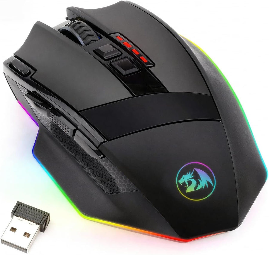 M801 Wireless Gaming Mouse, RGB Gaming Mouse with MMO 9 Programmable Macro Editing Buttons, up 16000 Adjustable DPI, Rapid Fire Button for Game, Windows,Pc - Wireless, Black - Avreyla
